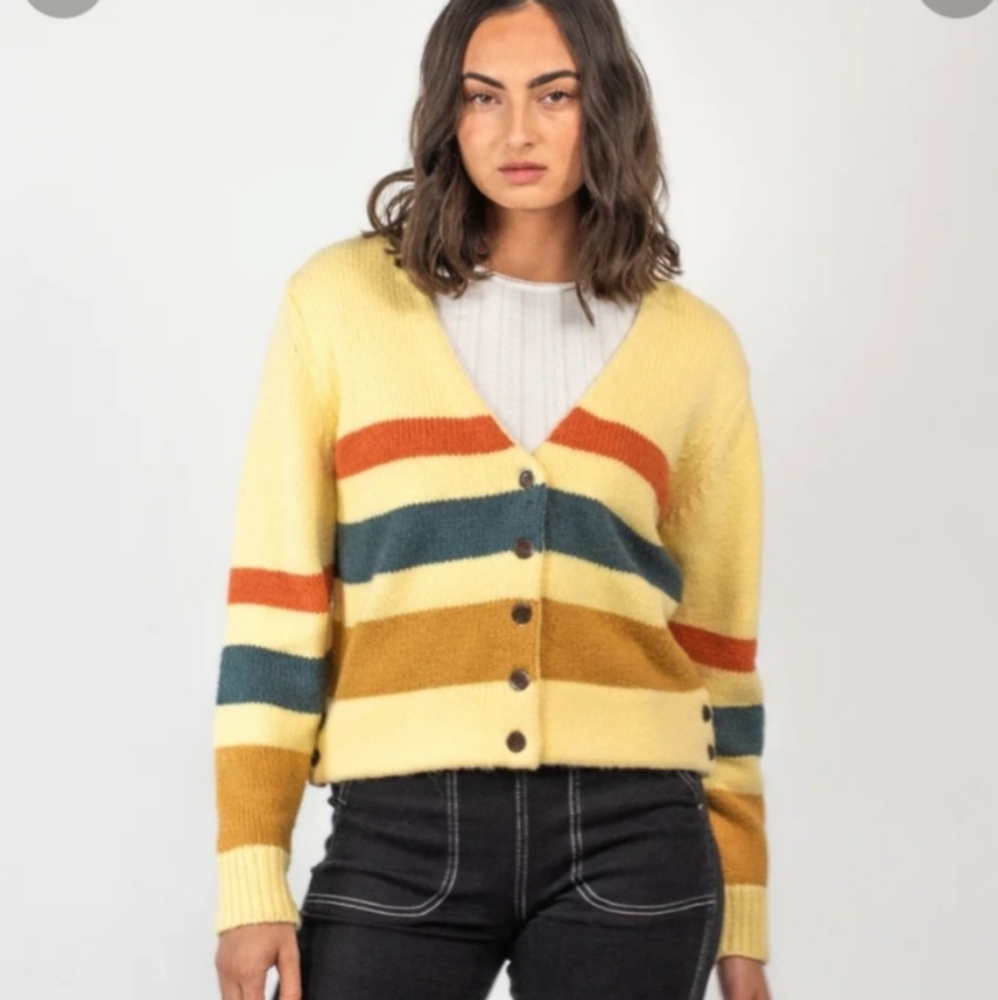 Wyllis 70`s Yellow Knit Stripped  Wool Blend Cardigan Sweater